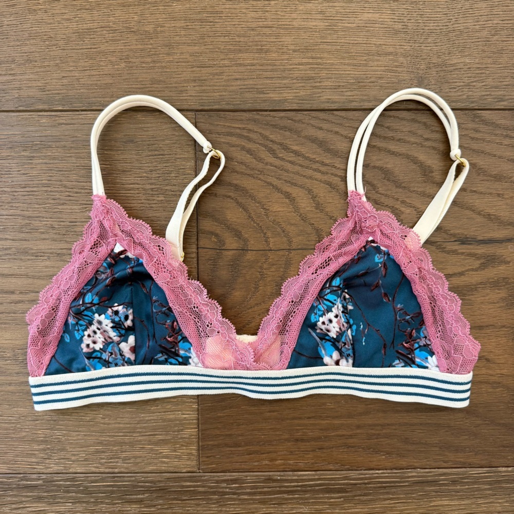 Sam Edelman floral triangle bralette, featuring pink lace trim and striped band